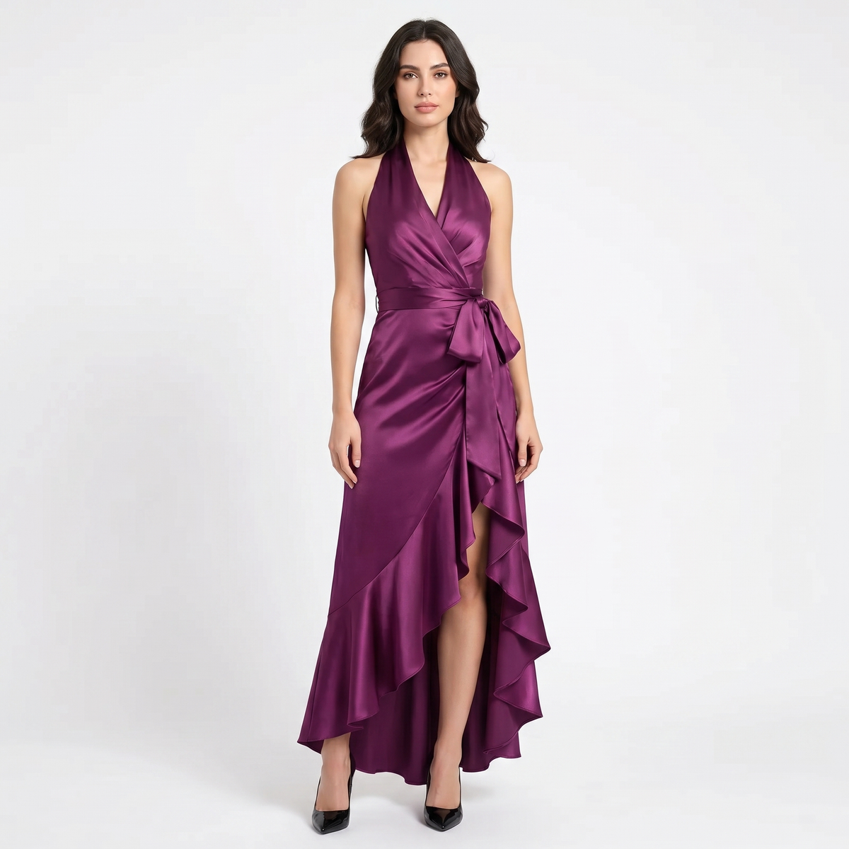 Satin Dress Halter - Deep V Wrap Ruffle Hi-Low Maxi