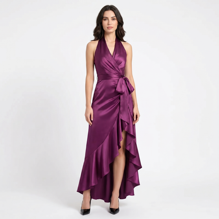 Satin Dress Halter - Deep V Wrap Ruffle Hi-Low Maxi