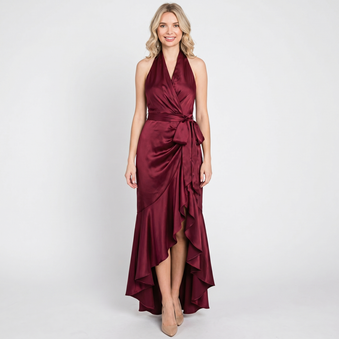 Satin Dress Halter - Deep V Wrap Ruffle Hi-Low Maxi