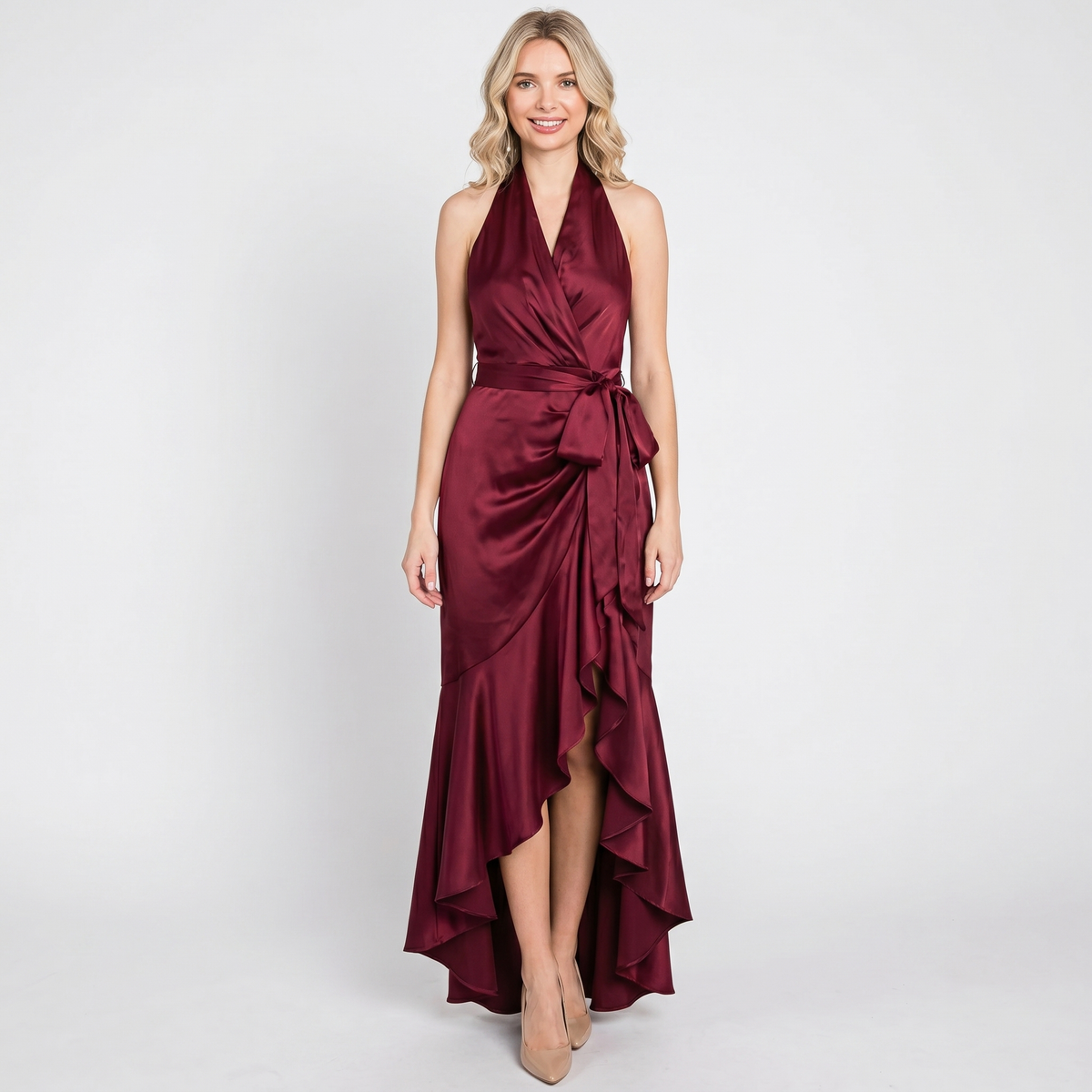 Satin Dress Halter - Deep V Wrap Ruffle Hi-Low Maxi