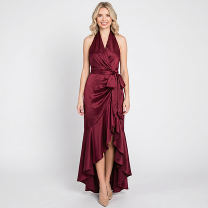 Satin Dress Halter - Deep V Wrap Ruffle Hi-Low Maxi