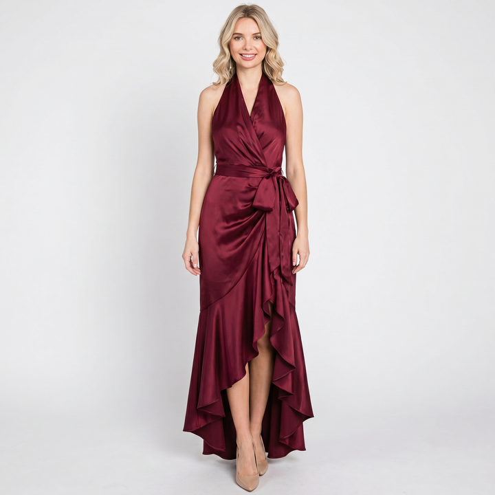 Satin Dress Halter - Deep V Wrap Ruffle Hi-Low Maxi