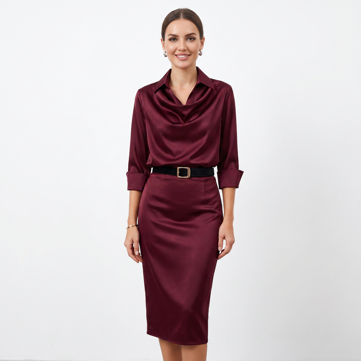 Satin Midi Dress - Cowl Neck Long Sleeve Bodycon