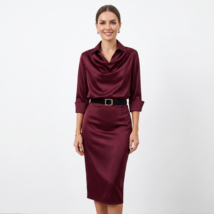 Satin Midi Dress - Cowl Neck Long Sleeve Bodycon