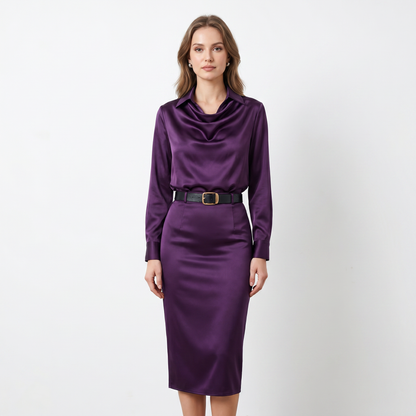 Satin Midi Dress - Cowl Neck Long Sleeve Bodycon
