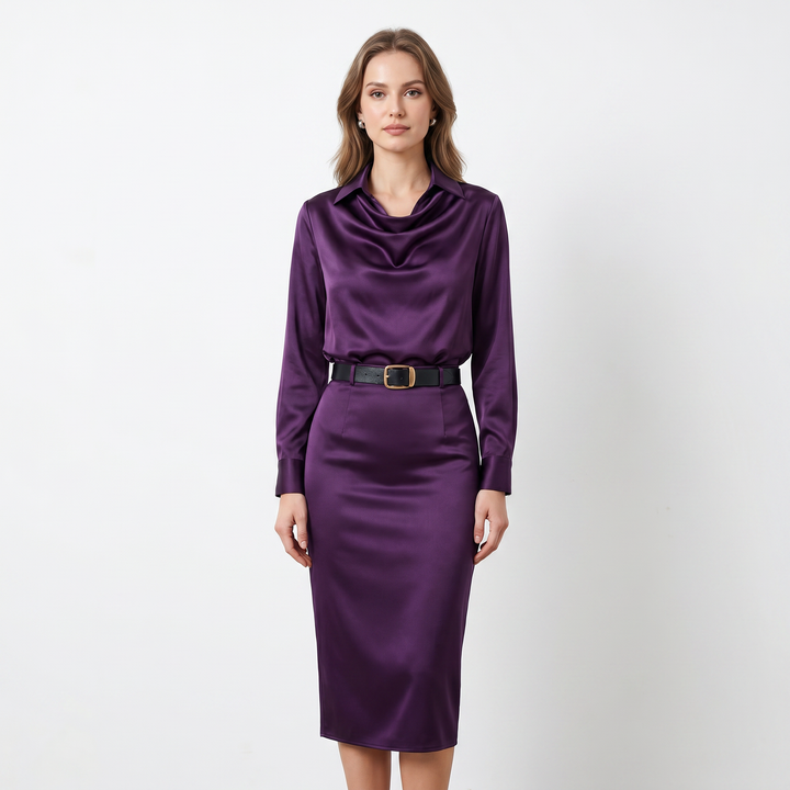 Satin Midi Dress - Cowl Neck Long Sleeve Bodycon