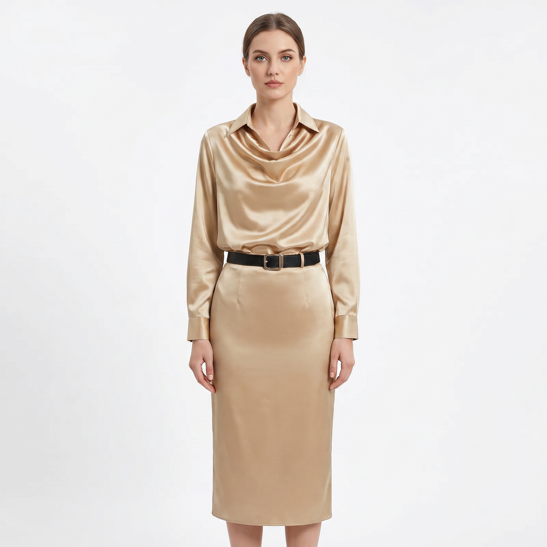 Satin Midi Dress - Cowl Neck Long Sleeve Bodycon