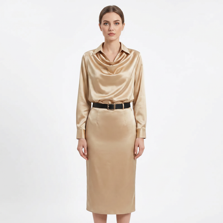 Satin Midi Dress - Cowl Neck Long Sleeve Bodycon