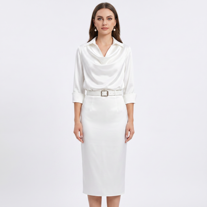 Satin Midi Dress - Cowl Neck Long Sleeve Bodycon