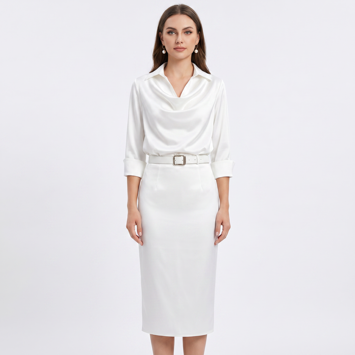 Satin Midi Dress - Cowl Neck Long Sleeve Bodycon