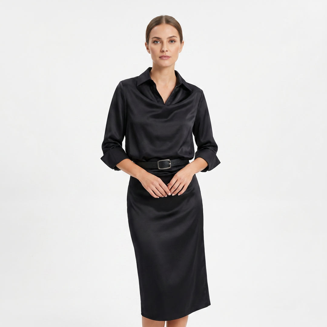 Satin Midi Dress - Cowl Neck Long Sleeve Bodycon