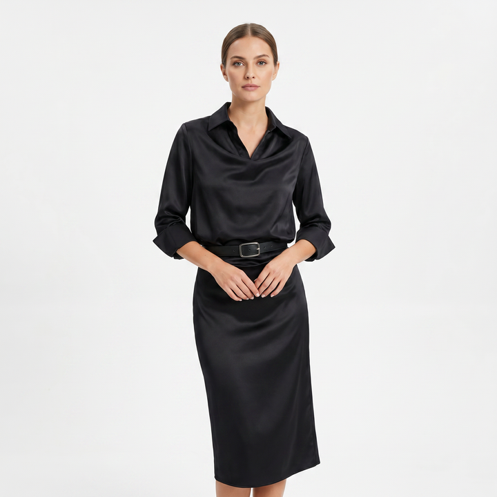 Satin Midi Dress - Cowl Neck Long Sleeve Bodycon