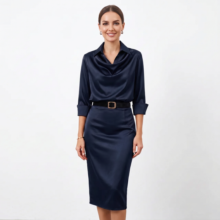 Satin Midi Dress - Cowl Neck Long Sleeve Bodycon