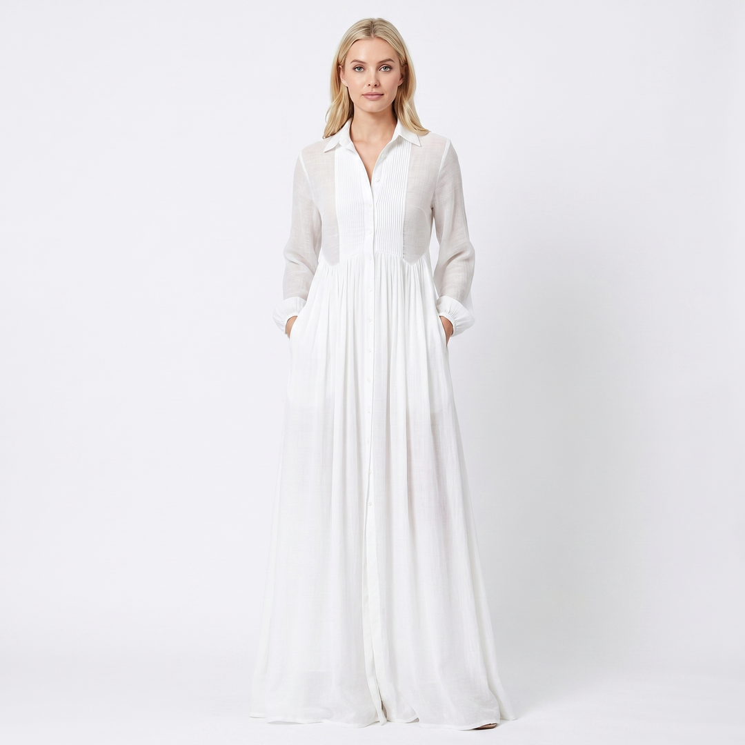 Maxi Dress Long Sleeve - Button Down Stand Collar Flowy
