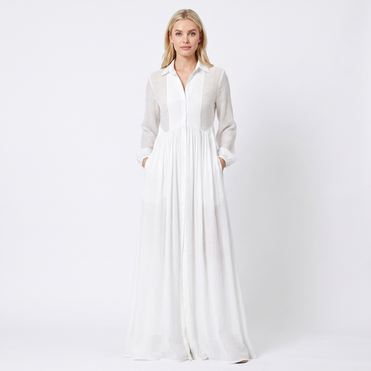 Maxi Dress Long Sleeve - Button Down Stand Collar Flowy