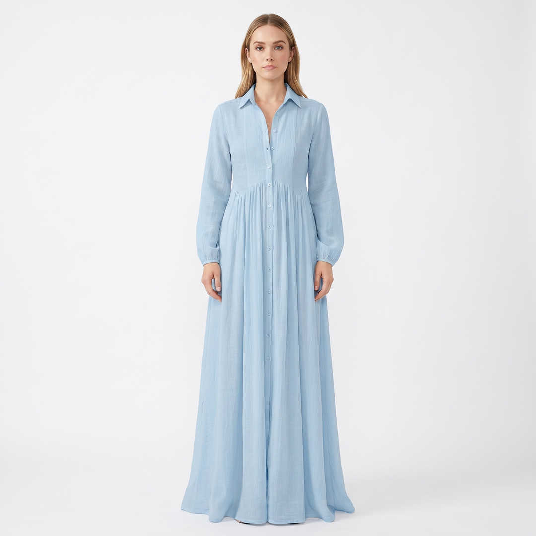 Maxi Dress Long Sleeve - Button Down Stand Collar Flowy
