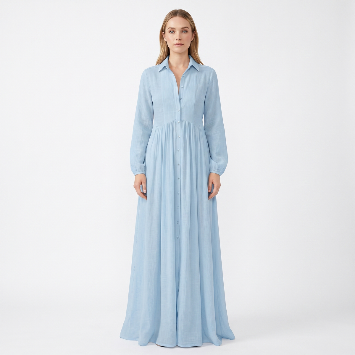 Maxi Dress Long Sleeve - Button Down Stand Collar Flowy