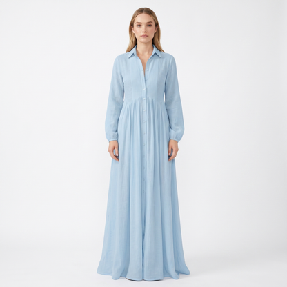 Maxi Dress Long Sleeve - Button Down Stand Collar Flowy