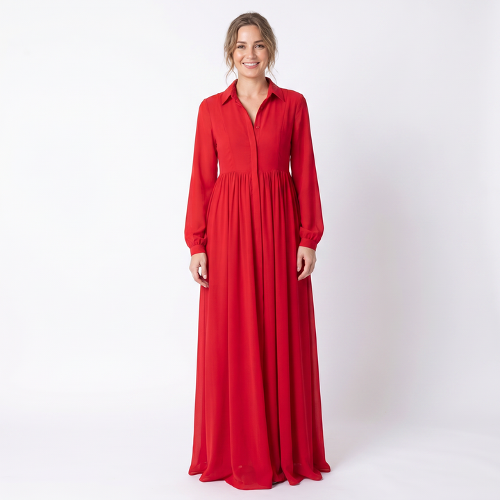 Maxi Dress Long Sleeve - Button Down Stand Collar Flowy