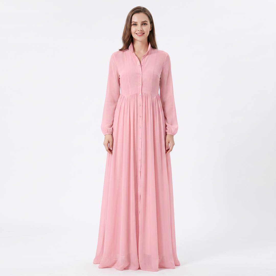 Maxi Dress Long Sleeve - Button Down Stand Collar Flowy