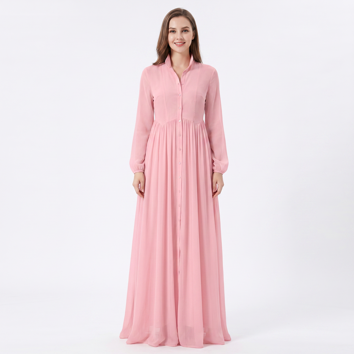 Maxi Dress Long Sleeve - Button Down Stand Collar Flowy