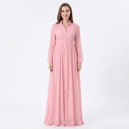 Maxi Dress Long Sleeve - Button Down Stand Collar Flowy