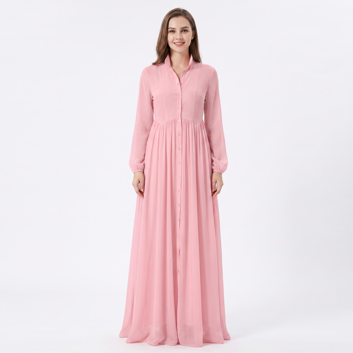 Maxi Dress Long Sleeve - Button Down Stand Collar Flowy