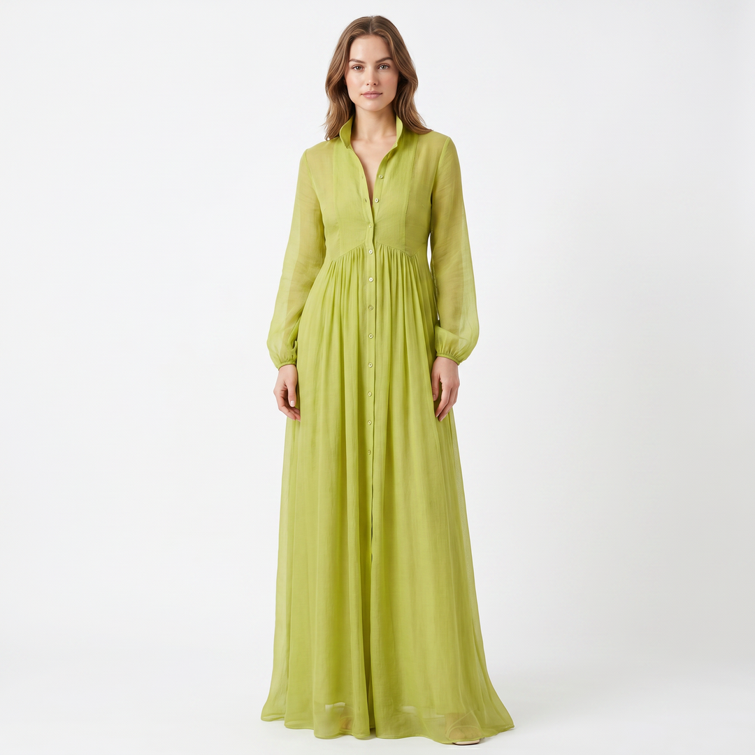 Maxi Dress Long Sleeve - Button Down Stand Collar Flowy