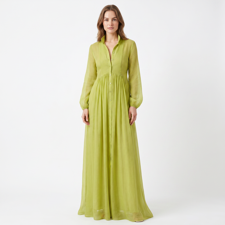 Maxi Dress Long Sleeve - Button Down Stand Collar Flowy