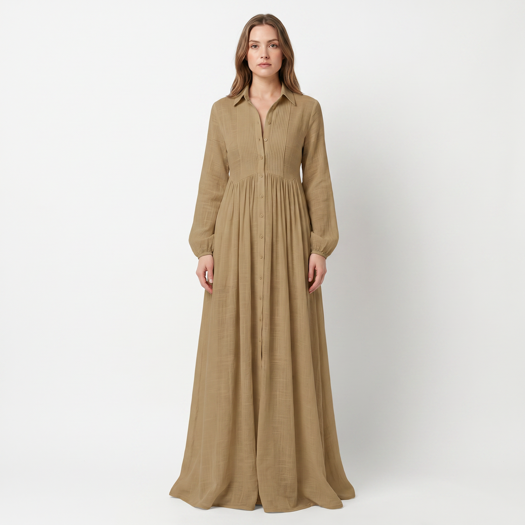 Maxi Dress Long Sleeve - Button Down Stand Collar Flowy