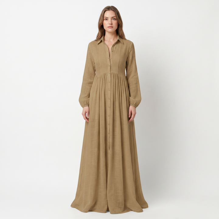 Maxi Dress Long Sleeve - Button Down Stand Collar Flowy
