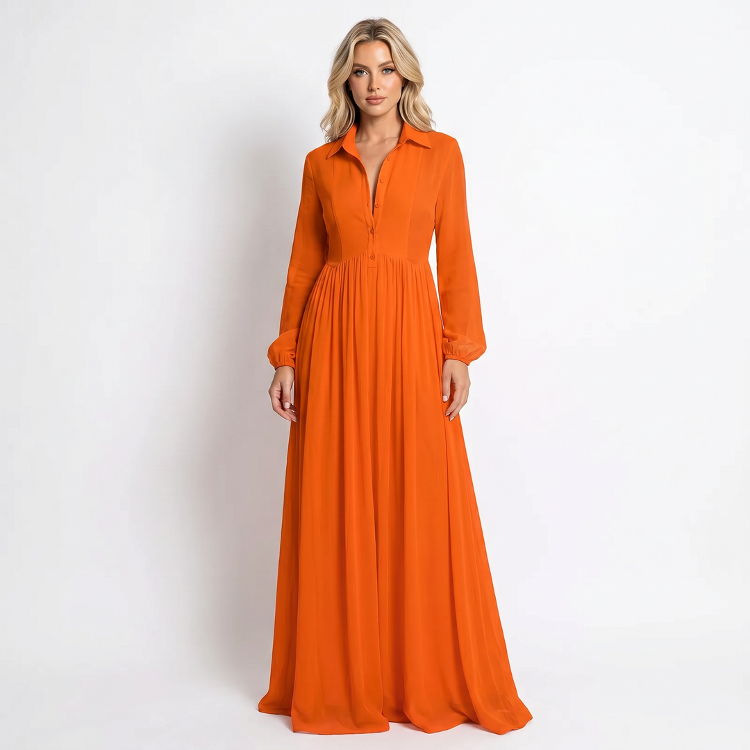 Maxi Dress Long Sleeve - Button Down Stand Collar Flowy