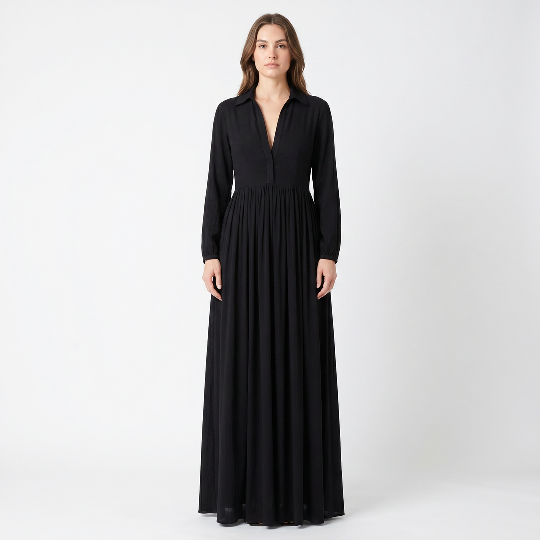 Maxi Dress Long Sleeve - Button Down Stand Collar Flowy