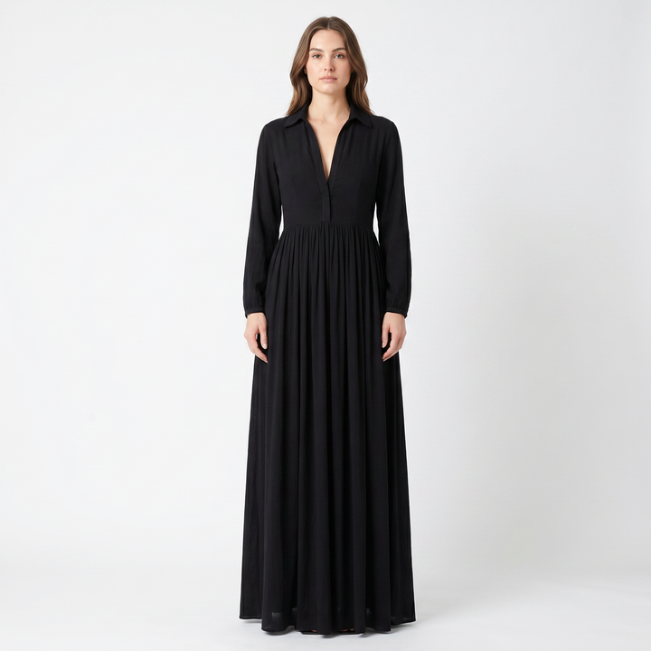 Maxi Dress Long Sleeve - Button Down Stand Collar Flowy