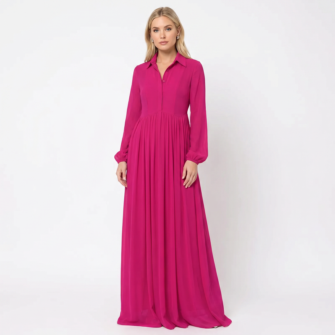 Maxi Dress Long Sleeve - Button Down Stand Collar Flowy