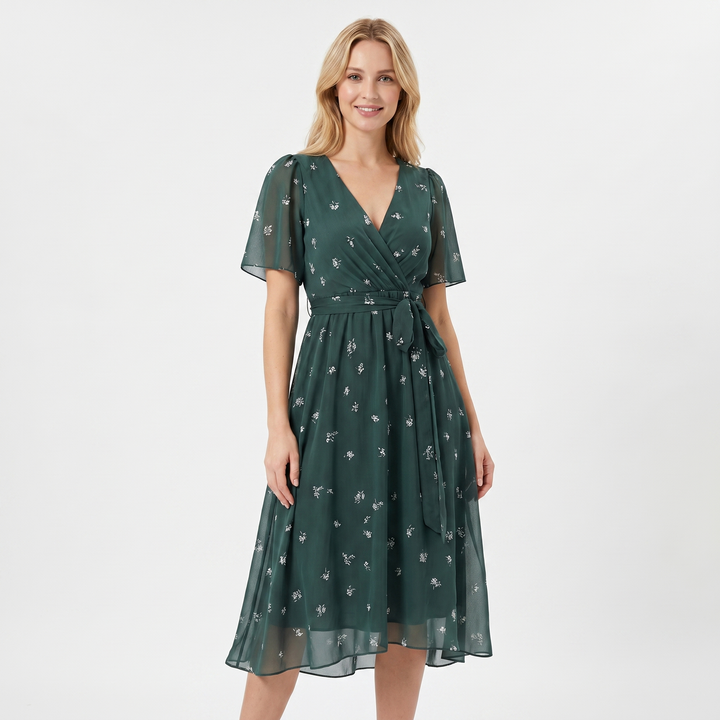 Wrap Dress - V Neck Flutter Sleeve Chiffon Midi