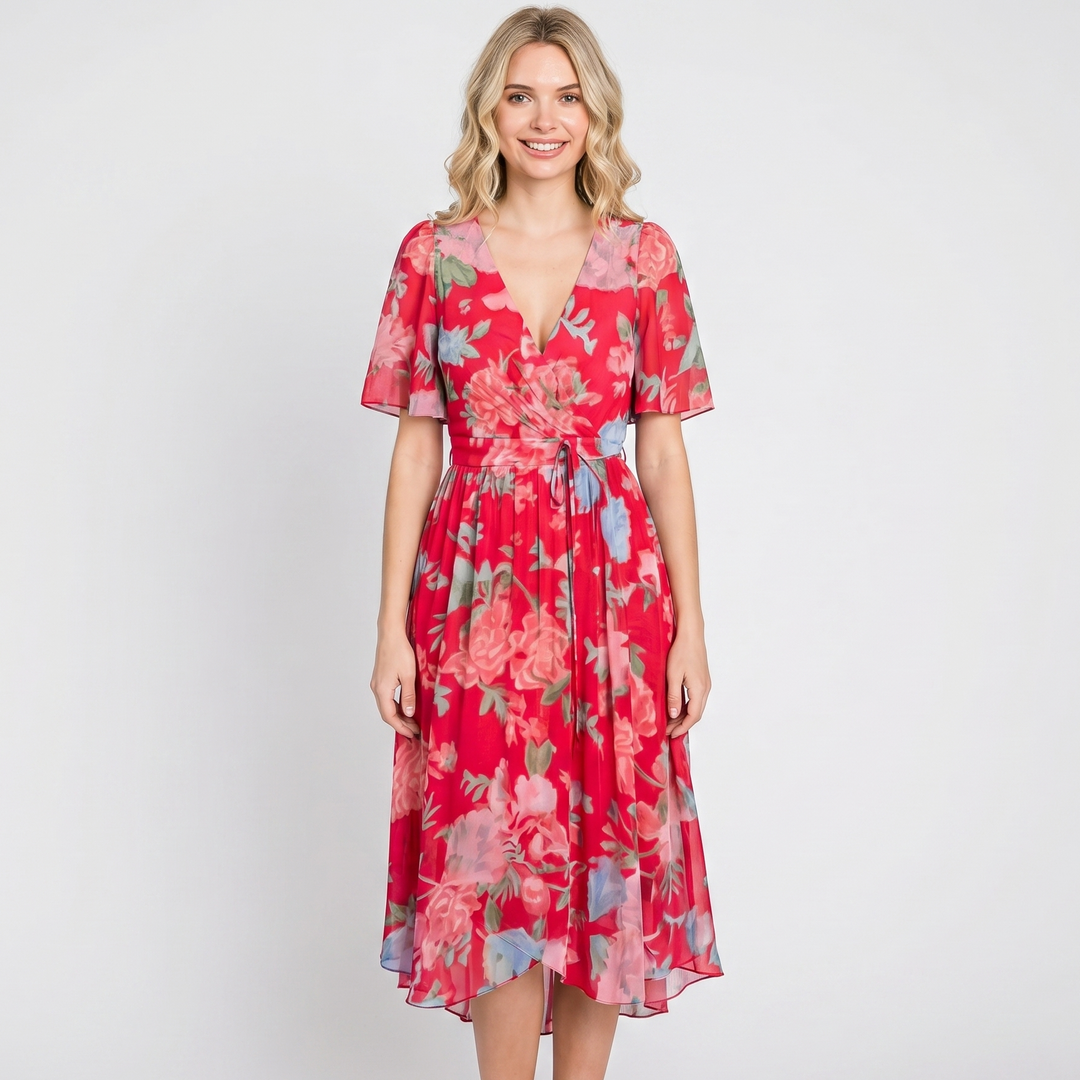 Wrap Dress - V Neck Flutter Sleeve Chiffon Midi