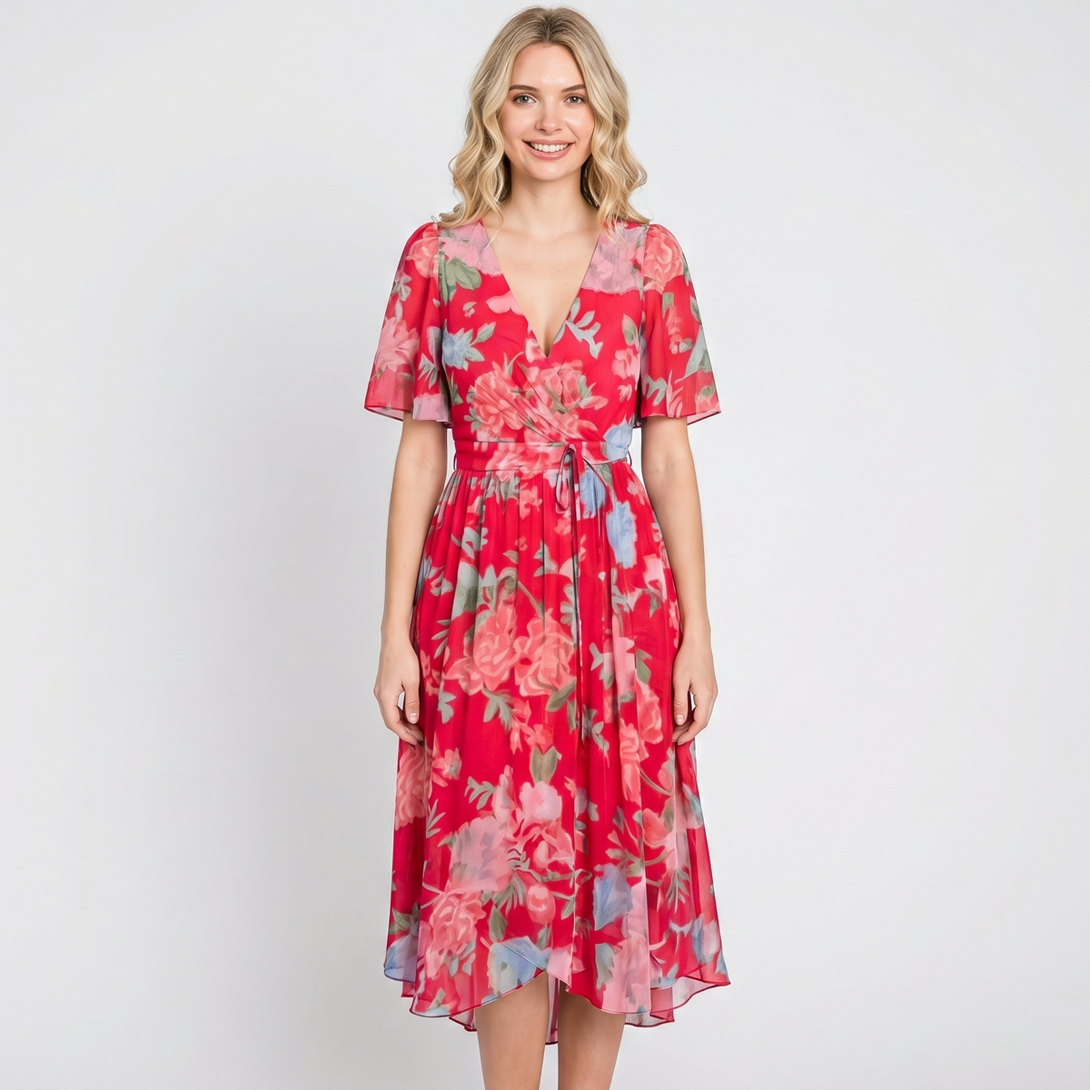 Wrap Dress - V Neck Flutter Sleeve Chiffon Midi