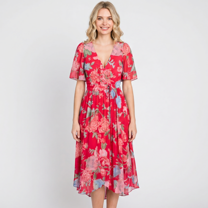 Wrap Dress - V Neck Flutter Sleeve Chiffon Midi