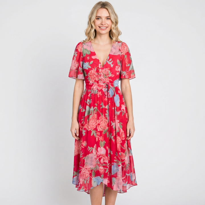 Wrap Dress - V Neck Flutter Sleeve Chiffon Midi