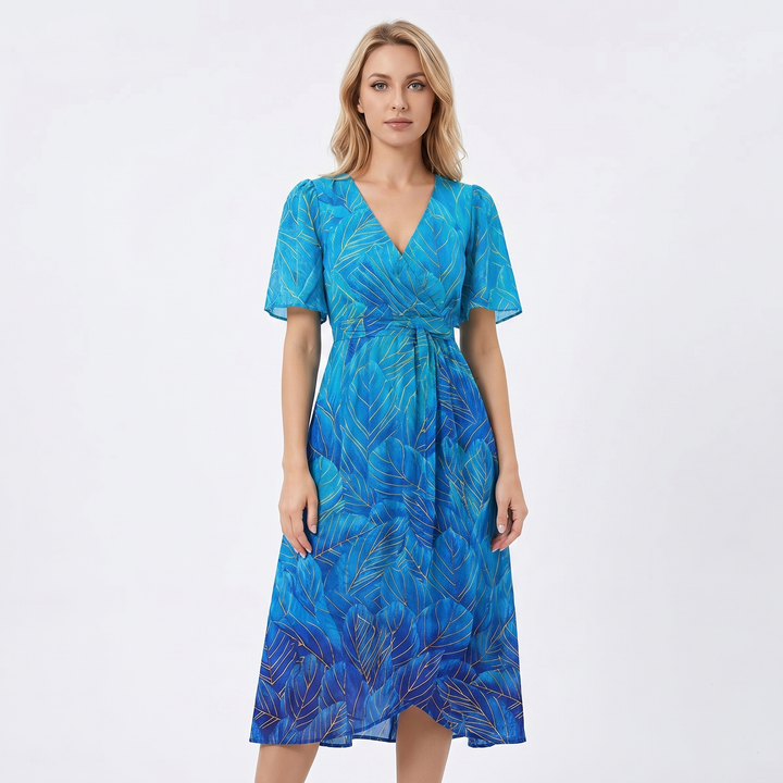 Wrap Dress - V Neck Flutter Sleeve Chiffon Midi
