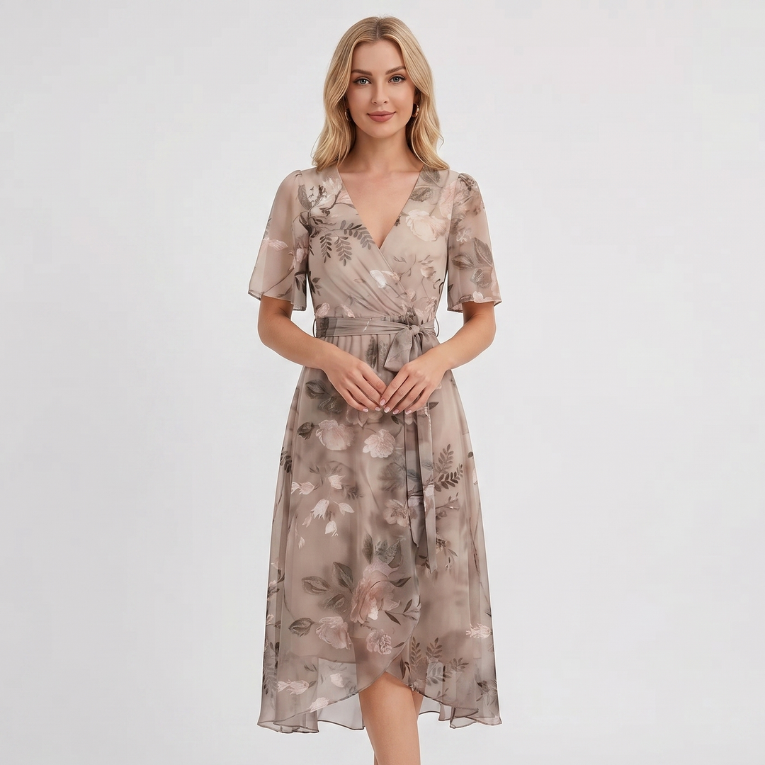 Wrap Dress - V Neck Flutter Sleeve Chiffon Midi