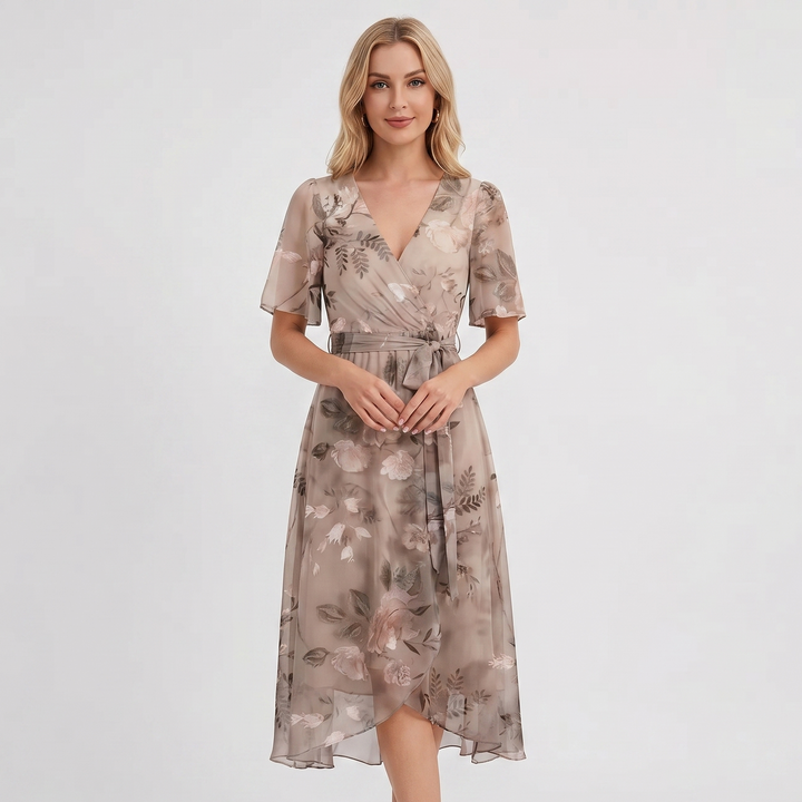 Wrap Dress - V Neck Flutter Sleeve Chiffon Midi
