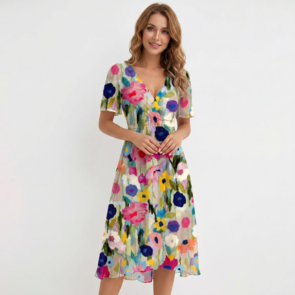 Wrap Dress - V Neck Flutter Sleeve Chiffon Midi