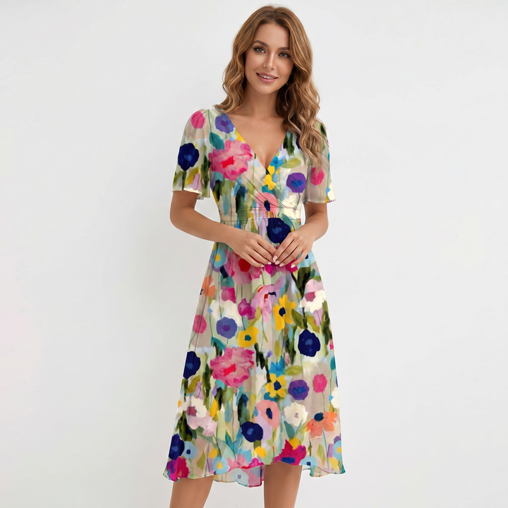 Wrap Dress - V Neck Flutter Sleeve Chiffon Midi