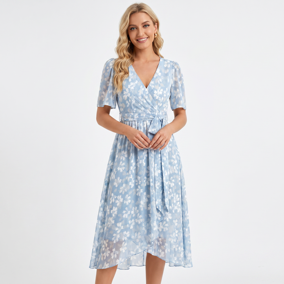 Wrap Dress - V Neck Flutter Sleeve Chiffon Midi