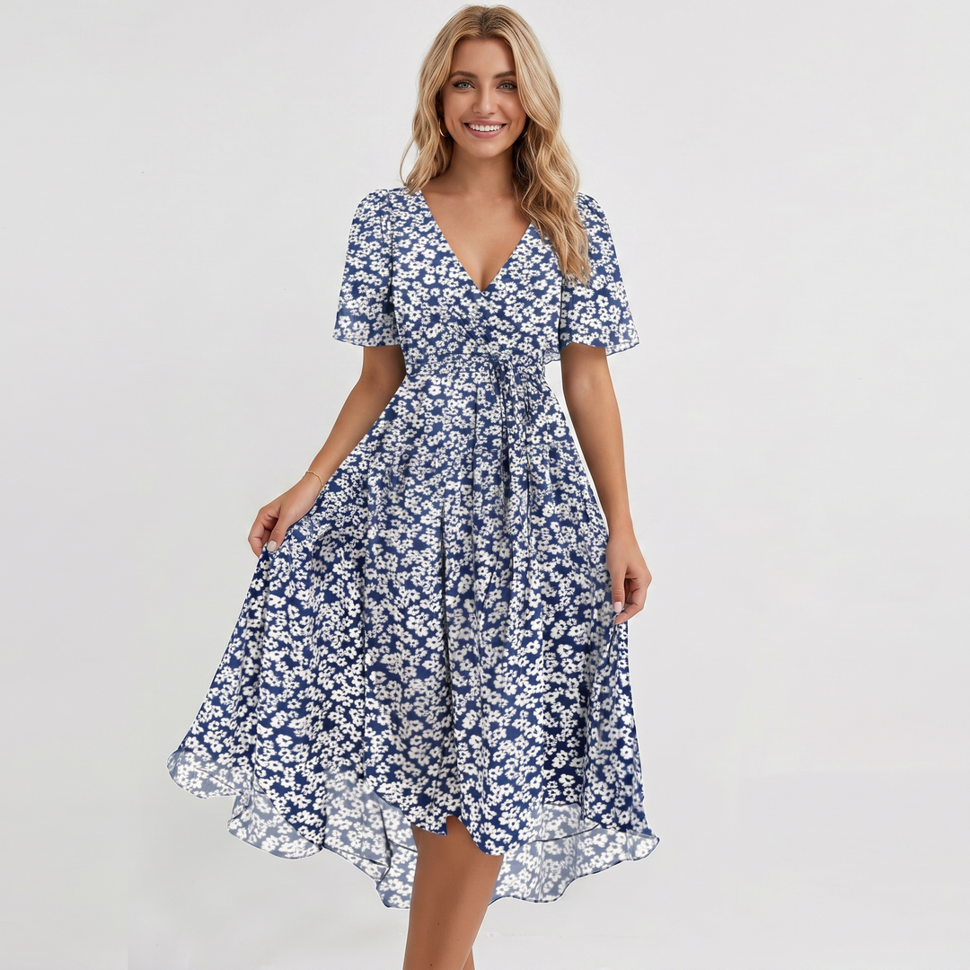 Wrap Dress - V Neck Flutter Sleeve Chiffon Midi