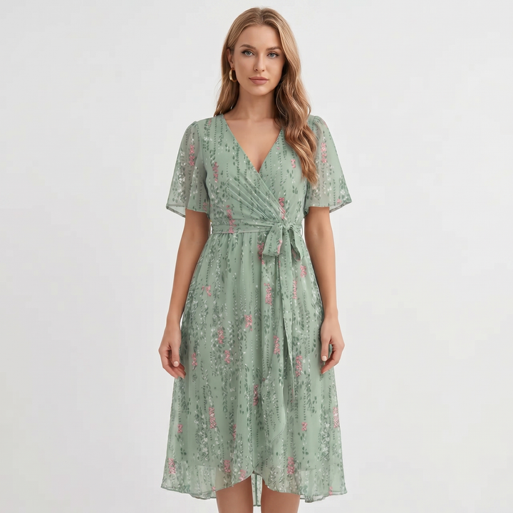 Wrap Dress - V Neck Flutter Sleeve Chiffon Midi