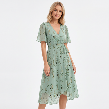 Wrap Dress - V Neck Flutter Sleeve Chiffon Midi