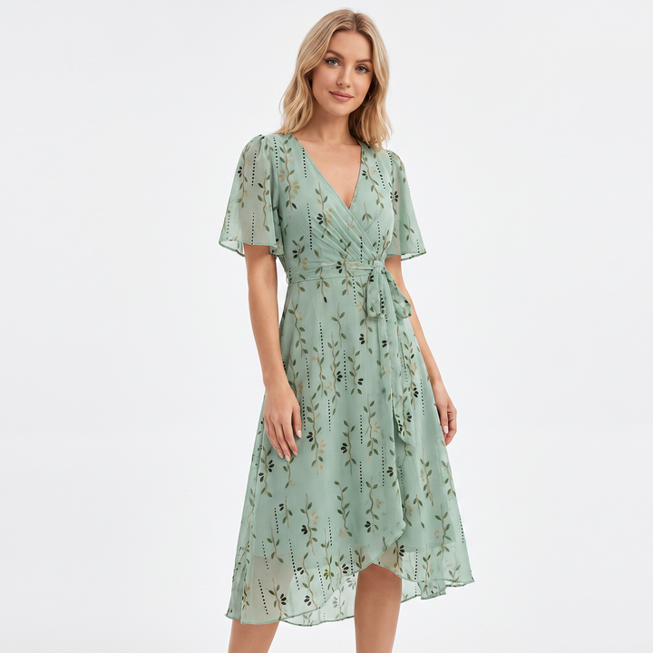 Wrap Dress - V Neck Flutter Sleeve Chiffon Midi
